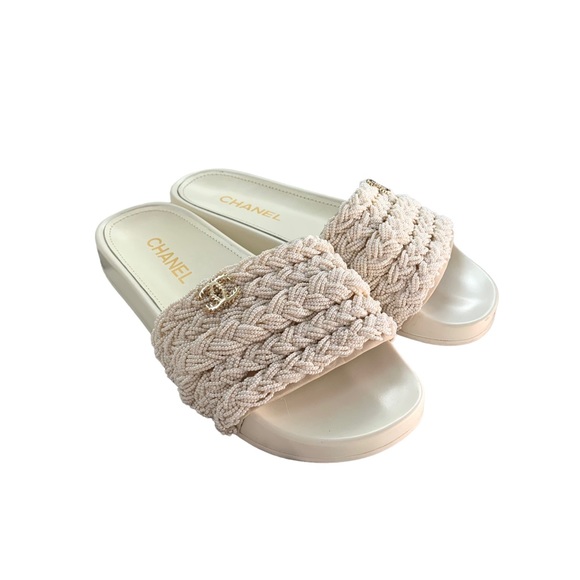 Chanel White Beaded Braided Sandal Slides - Picture 4 of 9